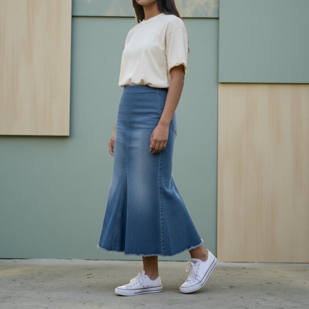 Boston Proper Midi Jean Skirt 16 Flared Blue Stone Wash Denim Raw Hem